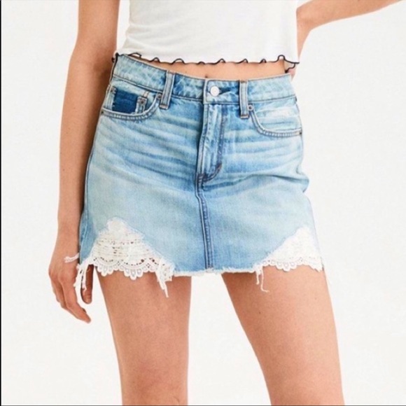 American Eagle High Rise Distressed Denim Crochet Detail Festival Mini Skirt - Picture 9 of 10